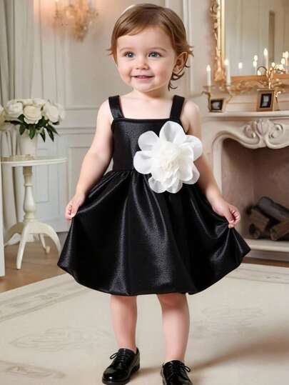 Baby Girls Summer New Crystal Satin Soft Comfortable Solid Color Spaghetti Strap Dress, Puffy Skirt, Handmade Large Floral Decor Princess Dress, Bubble Skirt