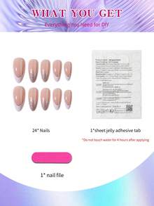 24片杏仁形白色法式美甲贴纸，时尚设计，压敏式，完美适用于亚克力指甲，包含1片果冻胶和1个指甲锉，适合夏季，女性和女孩日常工作、学习和聚会使用。 - 彩色 - 查看 3