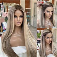 13x4 超高清透明蕾丝前假发，月光雾灰金渐变棕色，100% 真人发，180% 密度，即插即用，无需胶水，长直发，深色发根，灰金棕色，22 英寸 - SP27/613 - 查看 6