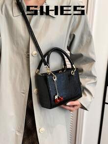 1 pieza Bolso de mano de gran capacidad de cuero PU de unicolor para mujeres, con correa de hombro ajustable, para llevar cruzado o al hombro, con colgante de cereza, cierre con cremallera, diseño de textura de cocodrilo, adecuado para chicas, damas, estudiantes universitarias, jóvenes profesionales, oficina, escuela, trabajo, negocios, viajes, compras - Negro - Ver 11