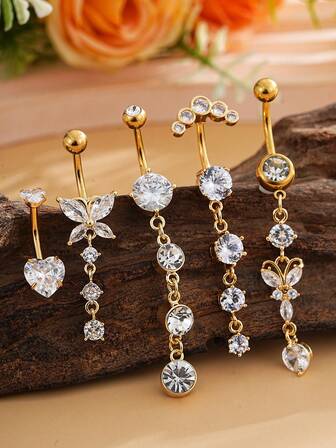 Set de 5 piezas de anillos para el ombligo de acero inoxidable con diseños de mariposa, corazón doble y media luna con circonita incrustada, pendiente sexy para el ombligo para mujeres, adecuado para festivales