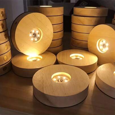 Creative Wooden LED Base Lamp, USB Powered, Multi-Color Changeable, Light Sensor Control, Round Decorative Lamp Stand, Portable & Easy To Place, Suitable For DIY Desktop Decor, Fish Tank, Crystal, Gifts, Holidays, Office, Bedroom, Hotel, Party, Restaurant Lighting