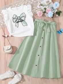2pcs/Set Tween Girls Bow Print T-Shirt And Buckle Front Skirt Outfit - Green - View 1