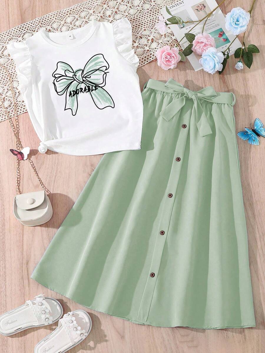 2pcs/Set Tween Girls Bow Print T-Shirt And Buckle Front Skirt Outfit - Green - View 1