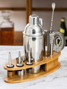 11件套不锈钢调酒工具套装，鸡尾酒调酒器套装，带木质支架，适用于家庭厨房酒吧 - 彩色 - 查看 7