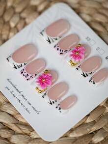 【情人节礼物】10片Y2K风格 | 黑色图案+粉色花朵美甲贴片 | 手工法式方头美甲贴片 | 饰有3D立体花朵、黑色纹理和金色点缀的假指甲 | 甜美吸睛，四季必备美甲贴片 | 适合工作、派对和日常佩戴 | 送给女性和女孩的最佳礼物 手工美甲贴片 - 彩色 - 查看 4