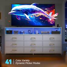55W TV Stand 9 Drawers Dresser With Open Storage Shelves, Dresser For 55,60 Inch TV With Power Outlets And LED Lights, Fabric Dressers Drawers For Bedroom, Living Room - 白色 - 查看 6