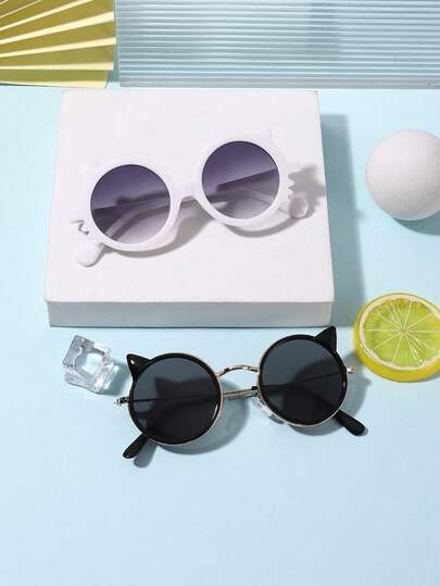 1 Set 2 PCS Boy's And Girl's 7-14Y Round Playful Lace Cat Ears Frame Fashion Glasses Lightweight For Family Travel And Everyday Outings With Glasses Box