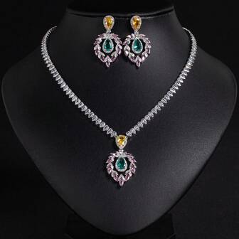 3件套，多种颜色可选，时尚奢华，女士珠宝，女士项链，女士配饰，女士珠宝配饰，钻石项链，镶嵌立方氧化锆，心形，心形耳环，女士项链，立方氧化锆项链，适合女士/新娘/伴娘，婚礼/宴会/派对佩戴，女士时尚珠宝，女士珠宝套装，配饰套装，礼品