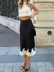 Women's Lace Trim Satin Silk Midi Skirt Y2K Elegant Silky Flowy A Line Long Skirt Vintage Bodycon Pencil Maxi Skirts Going Out Beach Vacation Skirt Streetwear - 黑色 - 查看 2