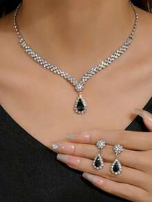 3pcs/Set Water Drop Bridal Women's Fashion Crystal Necklace Earrings, Luxury Jewelry Set Suitable For Wedding Birthday Gifts, Parties. - Multicolor - View 13