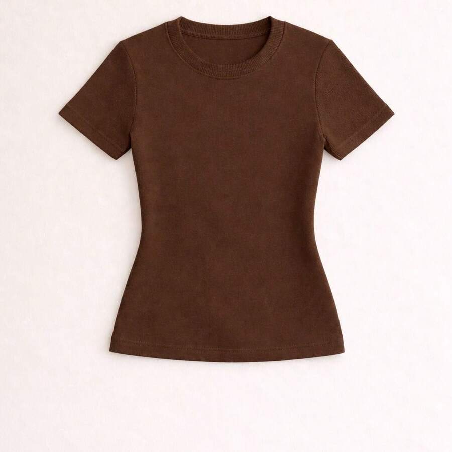 Baby Look Feminina Camiseta Básica Lisa T-shirt Confortável 100% Algodão Premium - Marrom - Visão 1