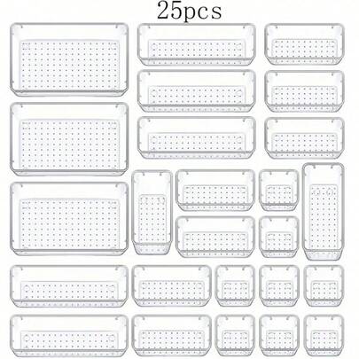 4个/8个/13个/25个/44个PET透明桌面收纳盒，多功能抽屉式整理盒，适用于厨房/化妆品/杂物，组合套装