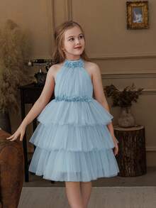 Đầm dạ hội lưới 3D họa tiết hoa cho bé gái, đầm dự tiệc màu xanh nhạt thanh lịch, đầm công chúa phù hợp cho tiệc sinh nhật, dạ hội, bé gái cầm hoa trong đám cưới, cuộc thi sắc đẹp, Lễ Tạ ơn, lễ tốt nghiệp. - Màu xanh nhạt - Xem 3