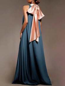SUNSTORY 女士休闲时尚真丝撞色高领露背蝴蝶结无袖长裙，适合约会、度假、生日派对、正式晚宴、聚会、婚礼宾客、节日穿着 - 藍色 - 查看 2