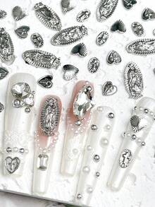 20Pcs Random Mixed Y2K Nail Charms Silver Alloy Heart-Shaped Cross Flat-Bottomed Drill Nail Art Accessories DIY - Silver - View 2