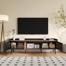 TV Cabinet, TV Table, TV Stand, Three-Door Base Unit. Compact Design. Black And Natural Wood Finish. Height 49.5 Cm / Length 160 Cm / Width 39 Cm - Black - View 3