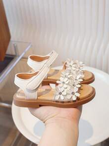 1 Pair Girls' Floral Rhinestone Decor Non-Slip Thick Sole Sweet Style Open Toe Sandals, Suitable For Home, Casual And Daily School Wear - Beige - View 2