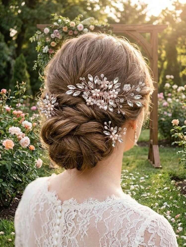 3pcs Women's Faux Pearl & Crystal Beaded Hair Comb & Hairpin Set, European & American Classic Style Bridal Headwear Hair Accessories, Rose Gold Elegant Tiaras Valentine's Day Accessories,Wedding Hair Accessories,Summer,Beach