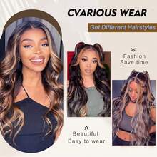 V Part Body Wavy Wig With Black Long With Highlight Brown Upgrade U Part Synthetic Water Wavy Wigs For Women Clip In Hair Glueless Synthetic Wigs (Brown Mix Black ) - 1B/30/350 - 查看 7