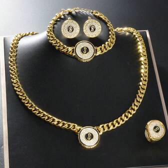 5pcs/Set High Quality Copper Round Necklace, Earrings, Ring, Bracelet, Zirconia Clasp Jewelry Set, Elegant & Versatile, Suitable For Daily Wear