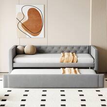 Upholstered Bed, Extendable Sofa Bed, 90*200 Cm, Classic Design With Full-Length Tufting, With Slatted Base, Multifunctional Bed/Guest Bed, Soft, Skin-Friendly Velvet Fabric, Light Grey (Mattress Not Included) - Black - View 2