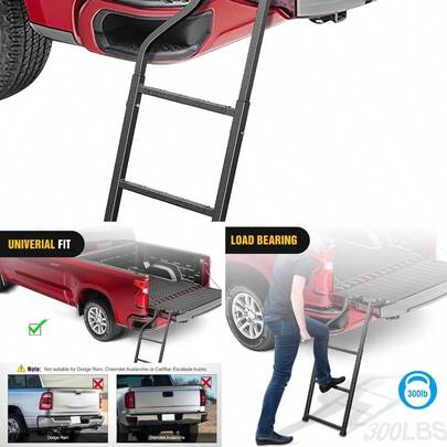 Foldable Truck Tailgate Ladder Pickup With Aluminum Step Grip Plates, Replaceable Rubber Feet Stainless Steel Self Drilling Hex Screws For Easy Installation