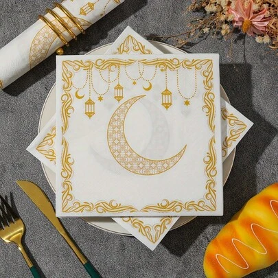 20pcs Elegant Crescent Moon Gold Pattern Napkins - Double-Ply Disposable Napkins Featuring Intricate Crescent Moon Design, Suitable For Ramadan (Eid) Celebration, Holiday Table Decor, Kitchen And Dining Use, Ramadan Party Decoration | Exquisite Pattern | High-Quality Paper