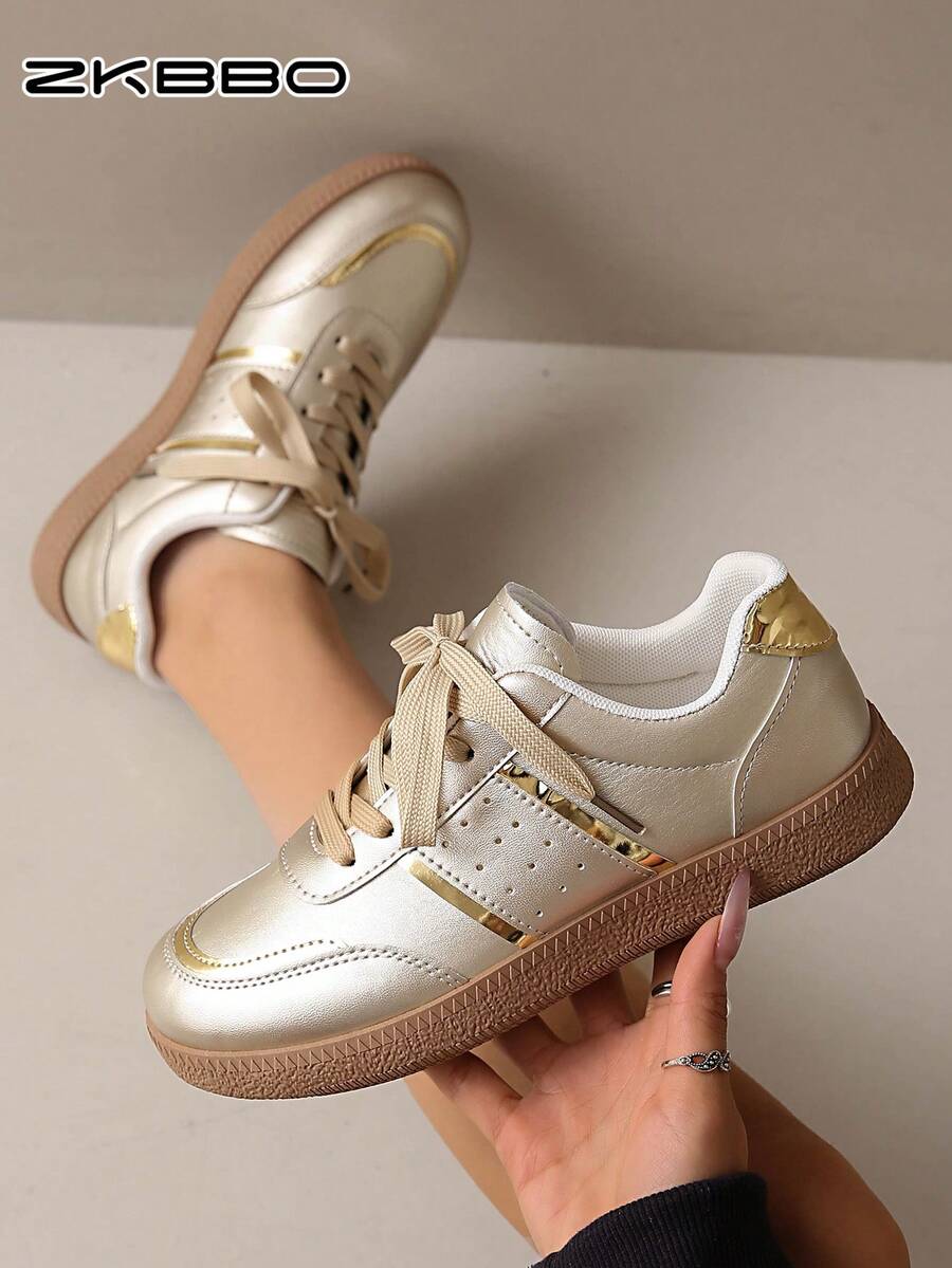 ZKBBO Zapatillas deportivas planas y ligeras para mujer con correa cruzada, zapatos para caminar y fitness, zapatos dorados de talla grande - Dorado - Ver 1