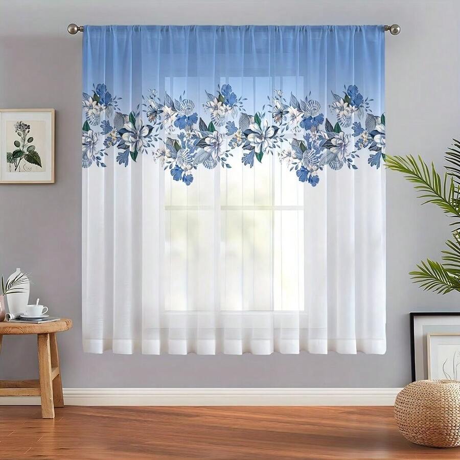 1pc Modern Blue Ombre Floral Sheer Curtain - 3D Digital Print, Rod Pocket Design, Suitable For Bedroom And Living Room Decor, Translucent Polyester Fabric, Easy Care - Multicolor - View 1