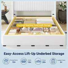 Allewie Cama elevable tamaño matrimonial/queen/king con almacenamiento, sistema hidráulico, plataforma tapizada, espacio de almacenamiento inferior, cabecera capitoné con canal vertical y respaldo de alas, sin necesidad de somier, color negro, blanco y gris. - Blanco - Ver 3