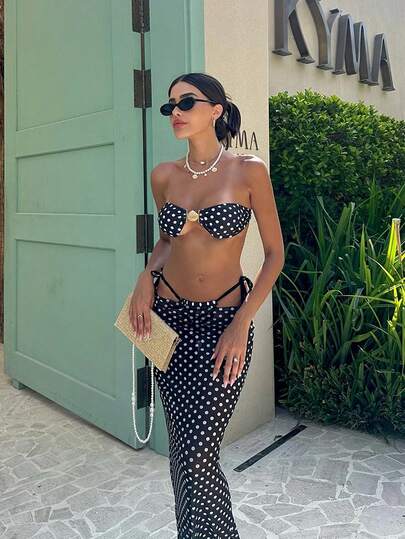 Canotta con base nera e pois bianchi, bikini sexy, set da bagno casual da spiaggia a tre pezzi, primavera/estate 2026, completi da festa di compleanno per donne, abbigliamento da palestra per donne, abito elegante da donna, abito elegante da donna, completi da vacanza per donne, top da uscire