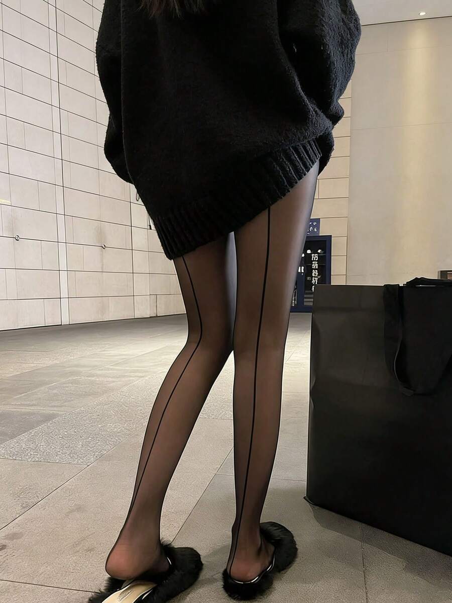 1/2/3/4/6 双装女士黑色竖条纹紧身时尚显瘦超薄连裤袜，性感优雅黑色竖条纹紧身裤（双面可穿） - 黑色 - 查看 1