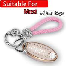 1个闪亮水钻装饰汽车钥匙扣，360度旋转通用钥匙扣，编织款，适用于所有车型，情人节礼物