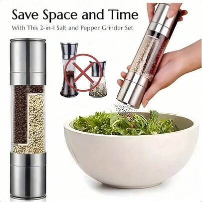 1 pieza Molinillo de pimienta y sal de doble función - Diseño elegante de acero inoxidable y transparente, molinillo de especias manual, adecuado para el hogar y la cocina de restaurantes