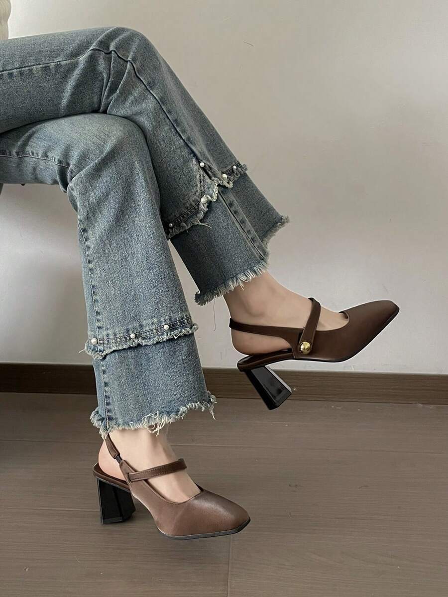 2025 Spring New Retro Brown French Mary Jane Pumps, Vintage Square Toe Thick Heel Backless Strap Leather Shoes For Women