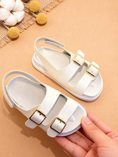 1 Pair Fashionable Children's Flat Sandals, Elegant Girls' Sandals, Metal Buckle Decor, Hook And Loop Design, Suitable For Daily Outing, Wedding Party, Summer Holiday