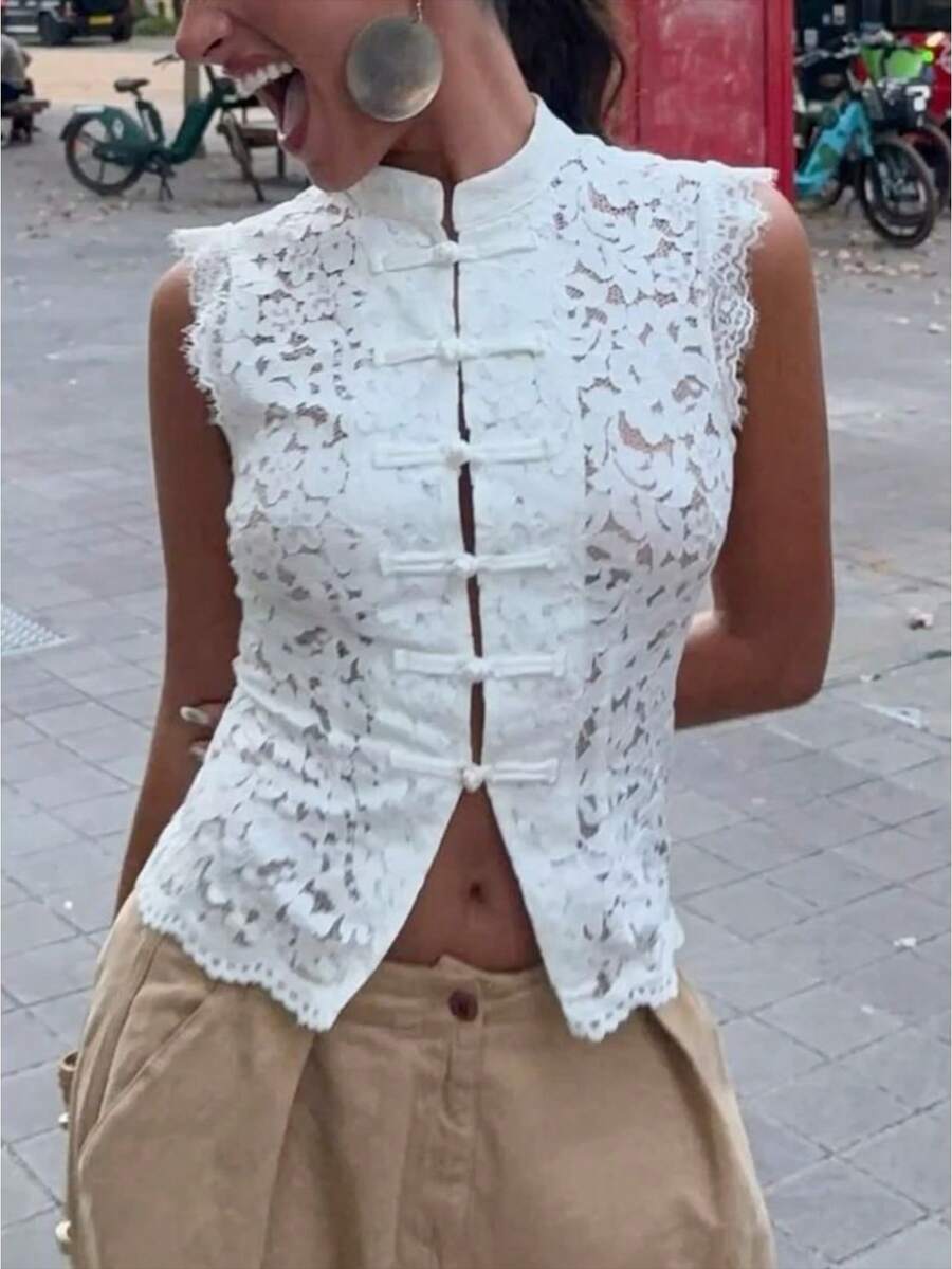 Womens Lace Mandarin Collar Guipure Split Tank Top Sleeveless Shirt Blouses - trắng - Xem 1