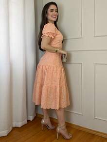 Women's 3-Marias Midi Dress In Elegant Cotton Lace With Belt And Ruffled Hem - Casual Fashion - For Dating Or Weddings - 珊瑚粉 - 查看 5