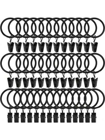 40 st svarta gardinringar med klämmor, gardinkrokar och ringar för att hänga gardiner, rosetter, gardinringar innerdiameter ca 3,7 cm, lämpliga för gardinstänger upp till 2,5 cm diameter, födelsedags- och examenspresent