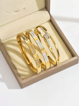 3 Stück/1 Stück Mode 18K Vergoldetes Edelstahl Kleeblatt Nagel Armband, geeignet für Frauen Partys, Alltag, Europäischer und Amerikanischer Stil, personalisiert, großzügig, luxuriöses kubisches Zirkonia Armband, Hochzeitsschmuckset