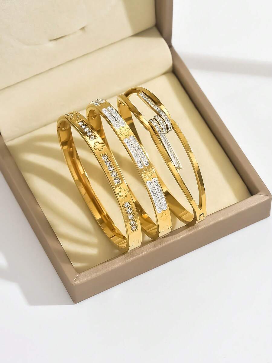 3pcs/1pc Fashion 18K Gold Plated Stainless Steel Four-Leaf Clover Nail Bracelet, Suitable For Women's Party, Daily Wear, European And American Style, Personalized, Generous, Luxury Cubic Zirconia Wristband, Wedding Jewelry Set - Yellow Gold - View 1