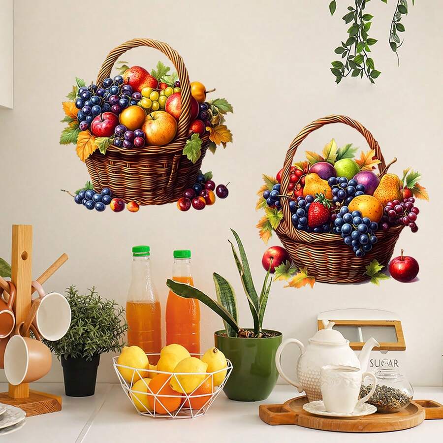 Kitchen Stickers/Decal Stickers, Fruit Basket Design, Waterproof & Dustproof, 1 Piece, PVC Material, Removable, Wear-Resistant, Wall Decal Size 23.6*11.8 Inches, Suitable For Kitchen Decor, Wall Decor, Dining Room Decor, Also Makes A Fun Birthday Gift Or Graduation Gift, Freshen Up Your Home. - Multicolor - View 1