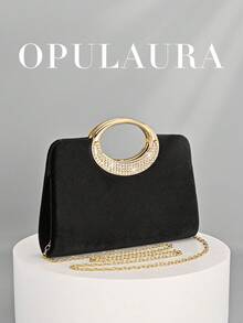OpulAura 女士时尚闪亮水晶水钻晚宴手拿包，黑色天鹅绒手提包，闪耀奢华钻石镶嵌正式礼服手拿包，适合晚宴、派对、生日、婚礼等场合，可作为生日礼物 - 黑色 - 查看 10