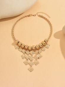 1 pieza Collar con colgante de flecos de rombo vintage exagerado, collar de cadena con cuentas doradas personalizado y de moda, adecuado para uso diario, calle, fiesta y decoración