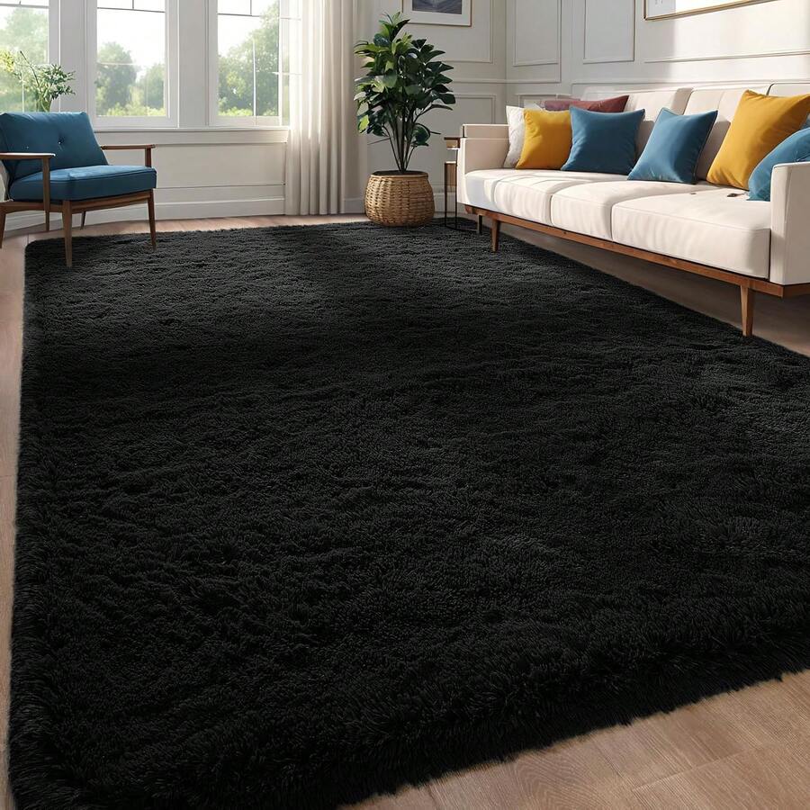 Living Room Rugs, Bedroom Rugs – Ultra Soft Plush Rug, Fluffy Shaggy Carpet, Washable Area Rug With Non-Slip Backing & 4 Free Grip Stickers, Modern Home Dorm Decor, Multiple Sizes 4x6 5x7 6x9 8x10 9x12 10x14, Black Rug - màu đen - Xem 1