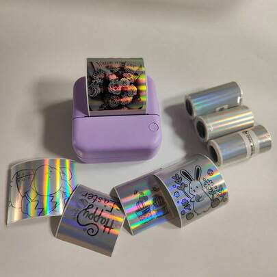 Giấy in nhiệt tự dính hologram bạc, khổ 50mm x 3.5m/cuộn, dạng cuộn liên tục, nhãn dán nhiệt hologram cầu vồng, mã vạch, thiết kế logo tùy chỉnh, phù hợp với máy in mini C9/X5/X6/T02/M02.