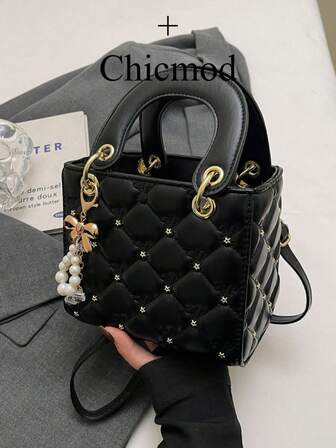 High-End Rhombus Pattern Elegant Handbag For Women, Korean Style Casual Fashion Single Shoulder Crossbody Bag, Unique Small Bag With Pearl & Bow Decor, Suitable For Shopping, Wallet, Shopping, Young Women, College Students, Newlyweds, Office Ladies. Ideal For Office, University, Work, Business, Commuting, Outdoor Activities, Travel And Excursions, Valentine's Day Gift