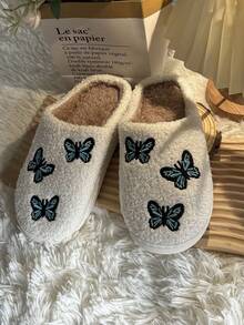 Butterfly Casual Cute Fabric Plush Lining Embroidered Cartoon Non-Slip Couple House Slippers, Home Winter - White - View 8