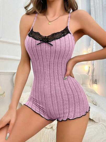 1pc Sexy Backless Lace Patchwork V-Neck Camisole Jumpsuit, Comfortable Casual Loungewear Suitable For All Seasons